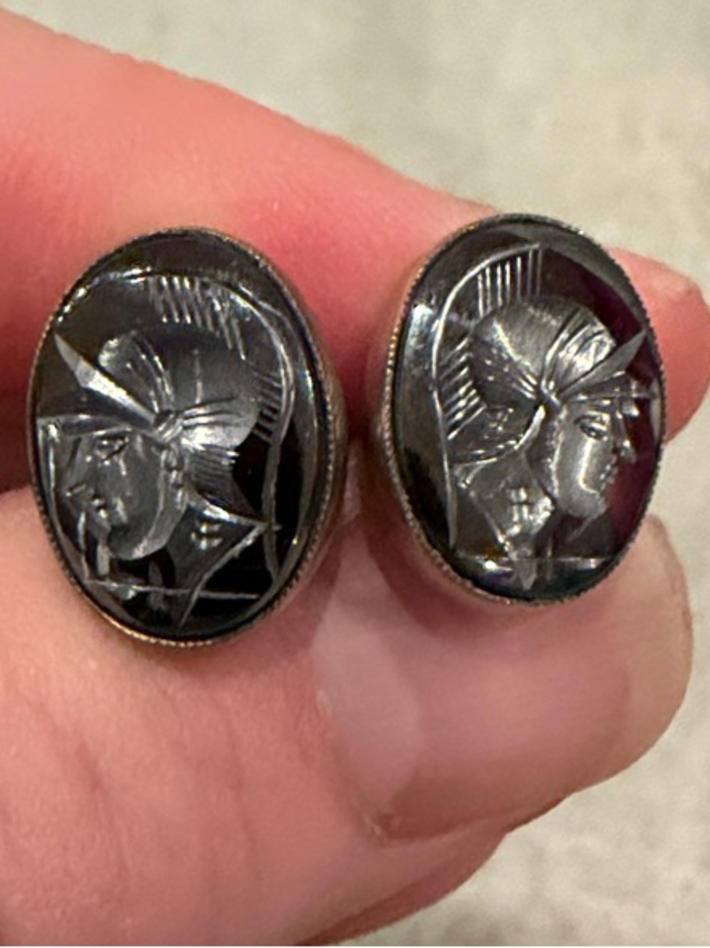 Silver Carved Cameo Cuff Links - Centurion Roman Soldier